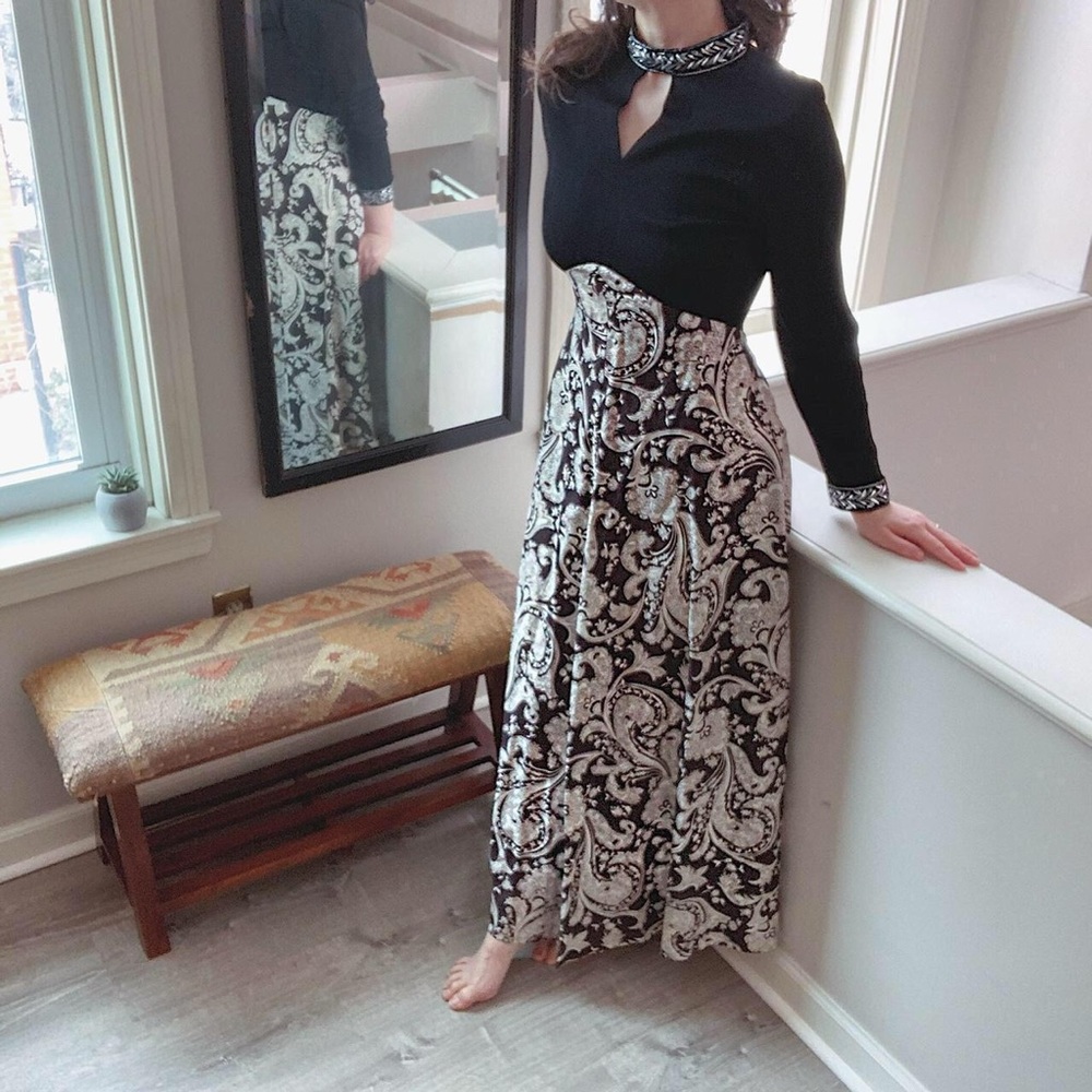 1970’s vintage paisley black dress with silver trim